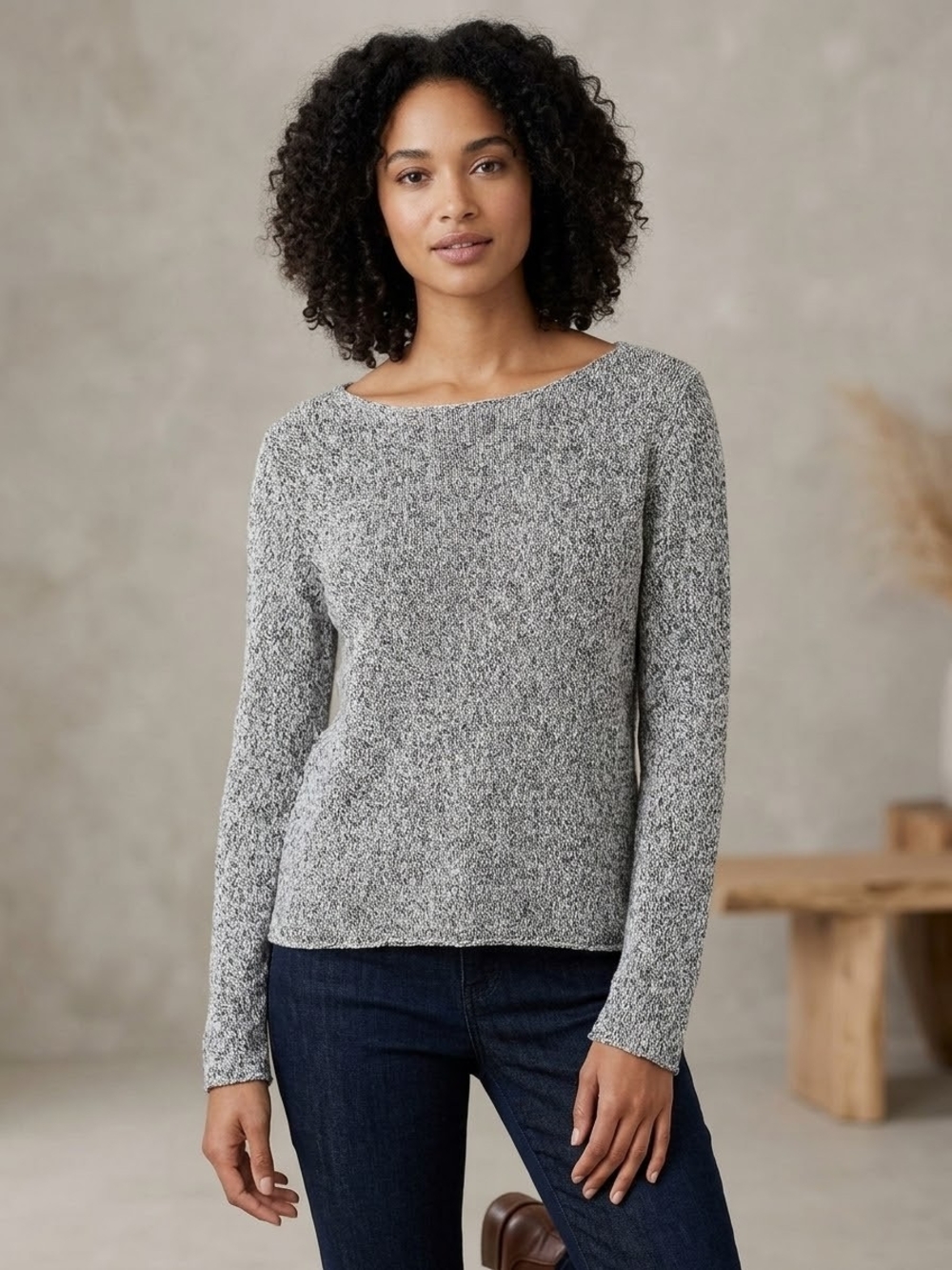 Eileen Fisher Linen Marled Gray Scoopneck Sweater